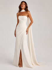 Elegant Strapless Straight-Neck Ruched Sheath Wedding Dress with Draped Neck Scarf and Sweep Train