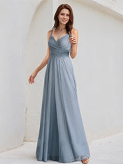 Dusty Blue A-Line V-Neck Floor-Length Lace Tulle Bridesmaid Dress