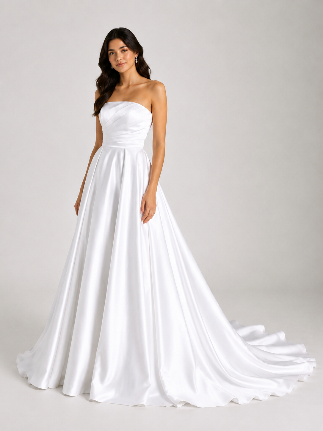 Elegant Strapless Ruched Satin A-Line Wedding Dress with Chapel Train