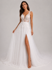 Elegant Pleated Satin A-Line Wedding Dress with High Slit and Sweep Train