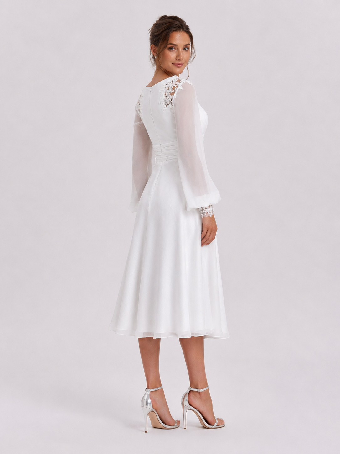 Elegant Long Bishop Sleeve V-Neck Chiffon A-Line Midi Wedding Dress