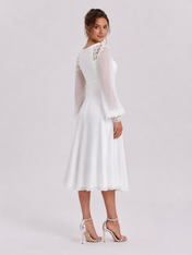 Elegant Long Bishop Sleeve V-Neck Chiffon A-Line Midi Wedding Dress