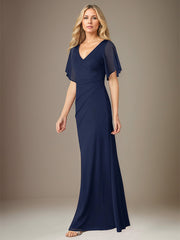 Dark Navy Sheath/Column Chiffon V Neck Floor Length Dress With Flutter Sleeves