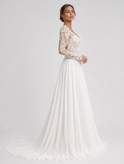 Elegant Long Sleeve V-Neck Illusion Lace Chiffon A-Line Wedding Dress with Chapel Train