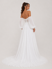 Elegant Off-the-Shoulder Lace Bodice Chiffon A-Line Wedding Dress with High Slit and Chapel Train
