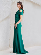 Jade Sheath Asymmetrical Neck Chiffon Long Pleated Bridesmaid Dress With Slit