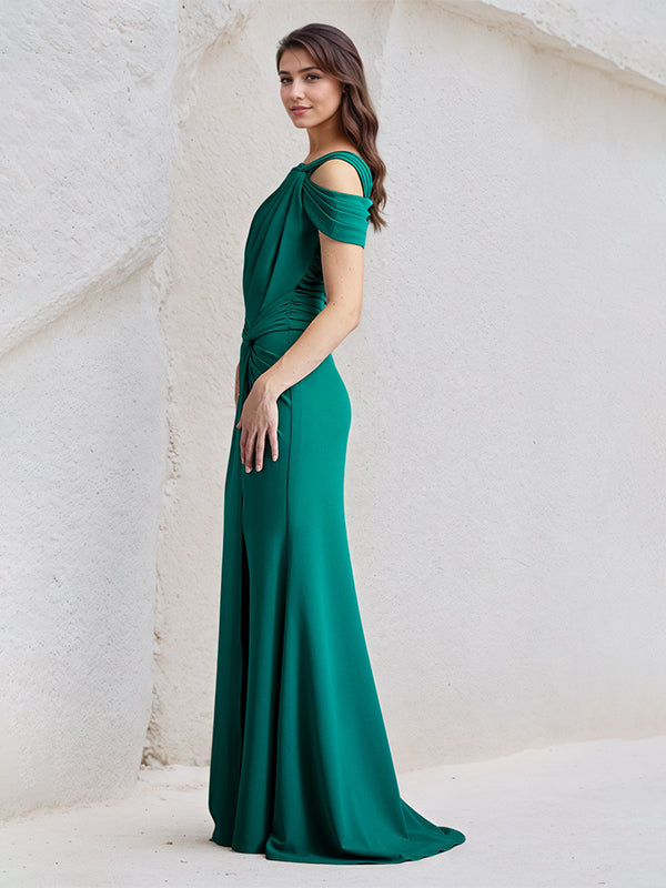 Jade Sheath Asymmetrical Neck Chiffon Long Pleated Bridesmaid Dress With Slit