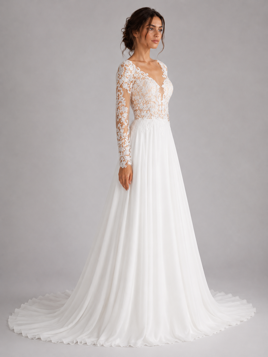Elegant Long Sleeve Lace Illusion Chiffon A-Line Wedding Dress with Chapel Train