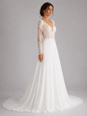 Elegant Long Sleeve Lace Illusion Chiffon A-Line Wedding Dress with Chapel Train