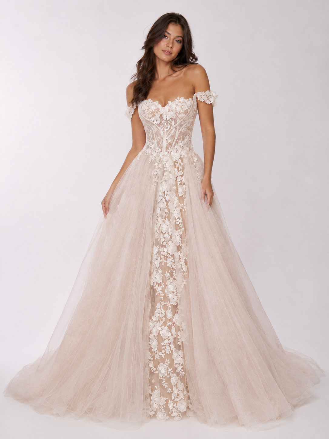 Elegant Off-the-Shoulder Lace Applique Glitter Tulle A-Line Wedding Dress with Chapel Train