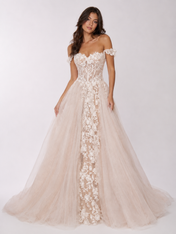 Elegant Off-the-Shoulder Lace Applique Glitter Tulle A-Line Wedding Dress with Chapel Train