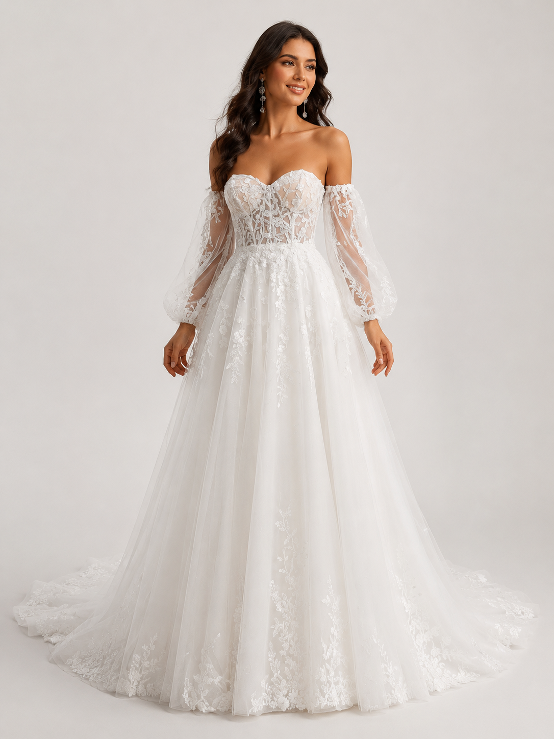 Elegant Off-the-Shoulder Sweetheart Lace Tulle A-Line Wedding Dress with Detachable Bishop Sleeves and Chapel Train