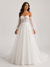 Elegant Off-the-Shoulder Sweetheart Lace Tulle A-Line Wedding Dress with Detachable Bishop Sleeves and Chapel Train