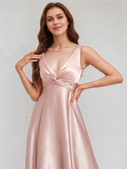 Dusty Rose Satin A Line V Neck Sleeveless Floor Length Bridesmaid Dress