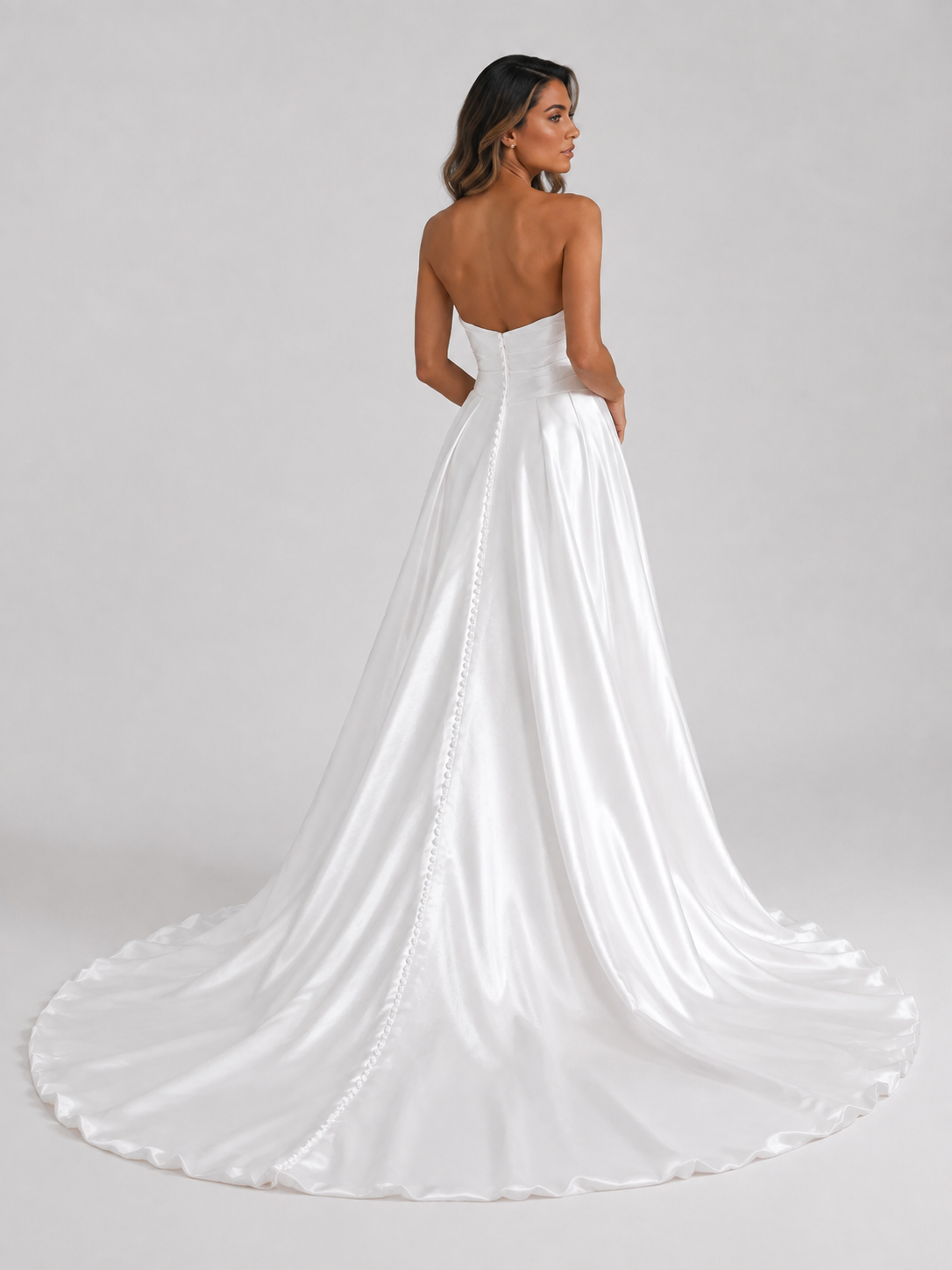 Elegant Strapless Ruched Satin A-Line Wedding Dress with High Slit and Chapel Train