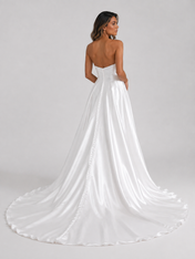 Elegant Strapless Ruched Satin A-Line Wedding Dress with High Slit and Chapel Train