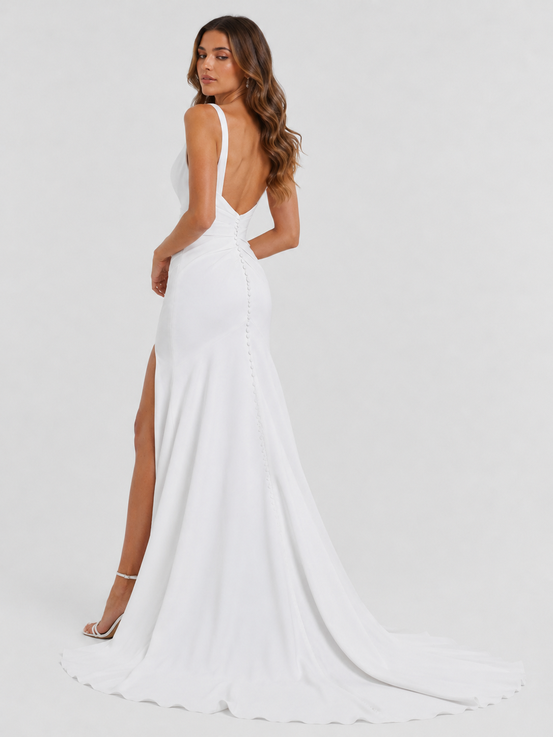 Elegant Sweetheart Ruched Satin Sheath Wedding Dress with High Slit and Chapel Train