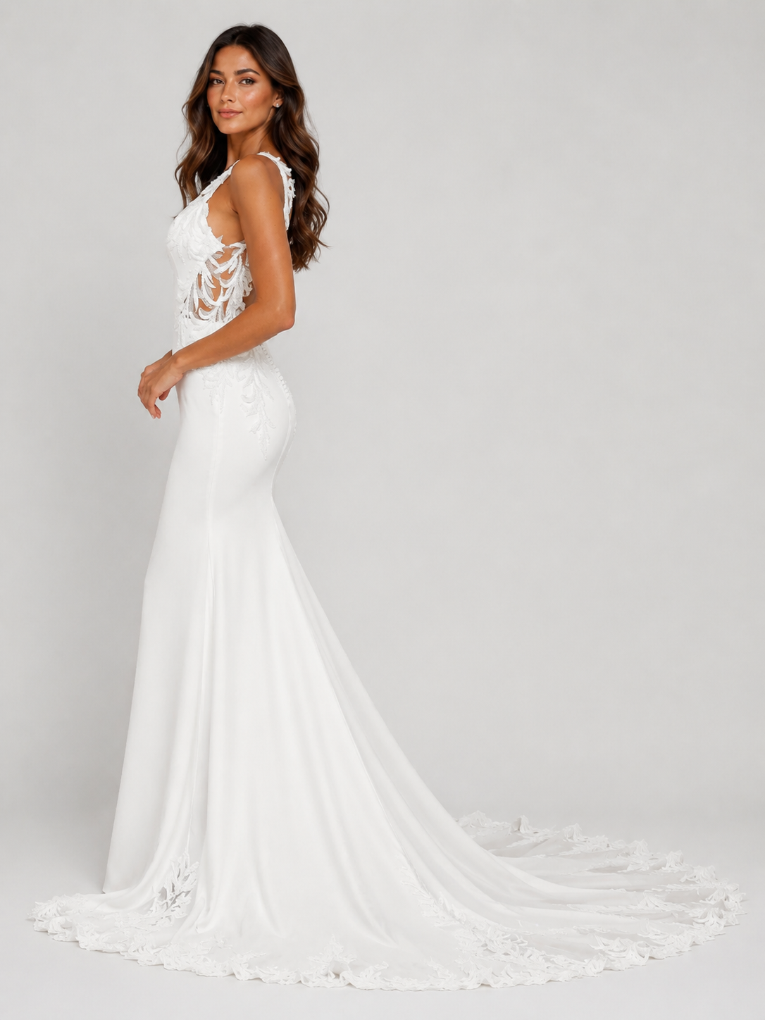 Elegant Square-Neck Lace Applique Satin Mermaid Wedding Dress with Sweep Train