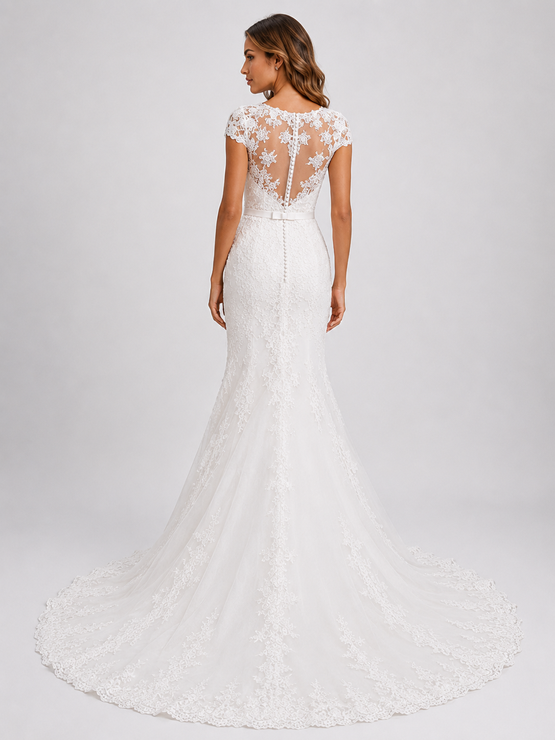 Elegant Illusion Cap-Sleeve Lace Mermaid Wedding Dress with Chapel Train