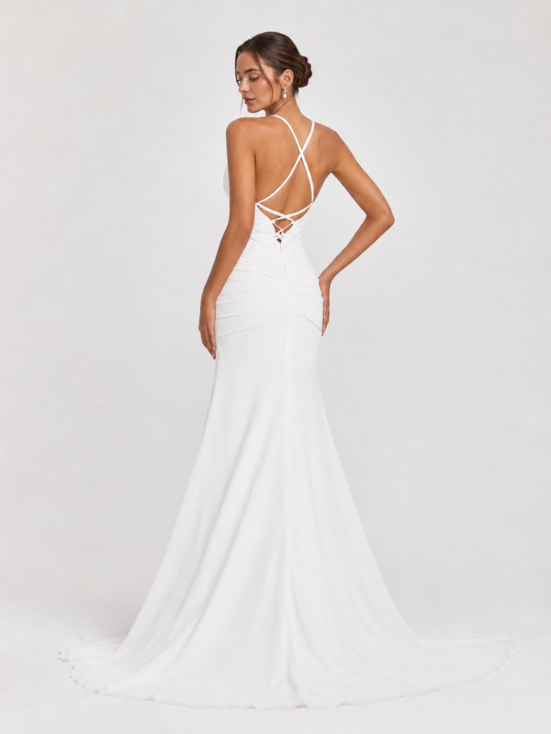 Elegant Spaghetti Strap Ruched Satin Mermaid Wedding Dress with High Slit and Chapel Train
