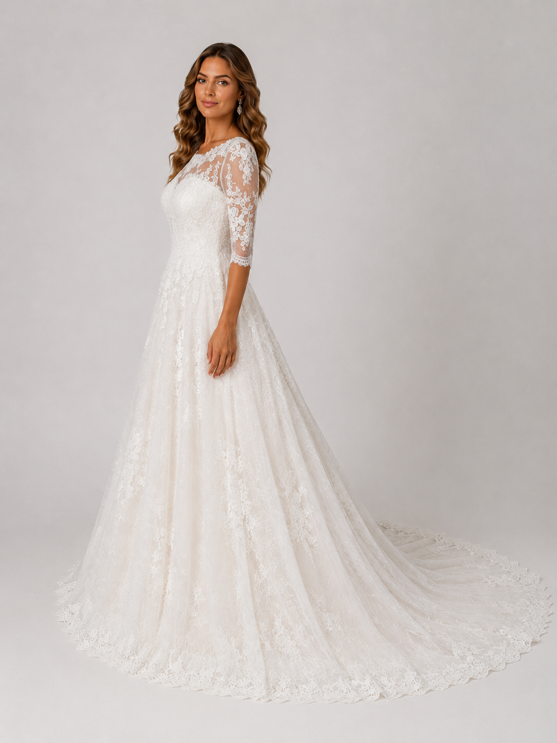 Elegant Lace Applique Tulle A-Line Wedding Dress with Sweep Train