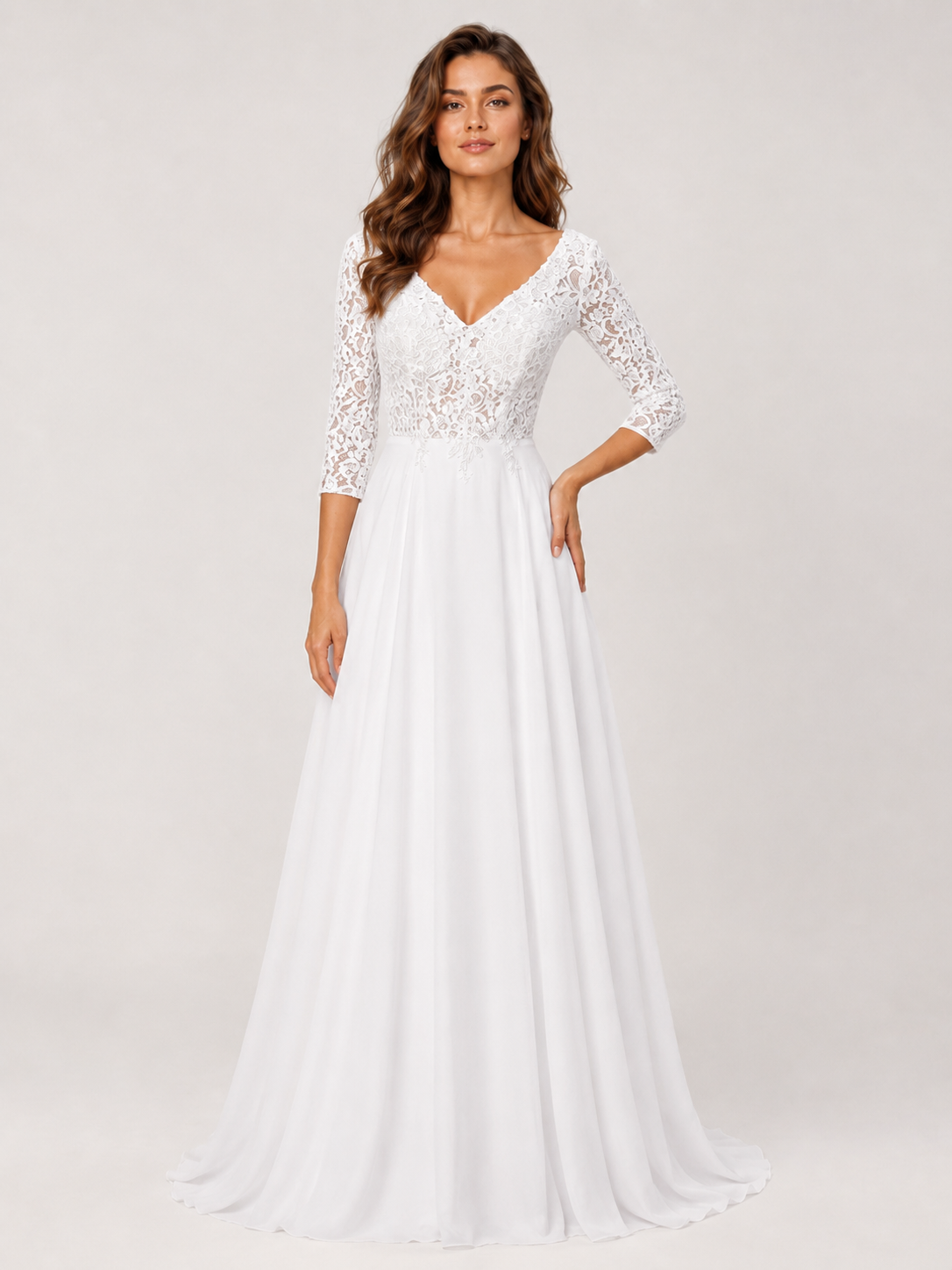 Elegant V-Neck Lace Bodice Chiffon A-Line Wedding Dress with Sweep Train