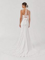 Elegant Cowl Neck Satin Sheath Wedding Dress with Bow Back, High Slit, and Sweep Train