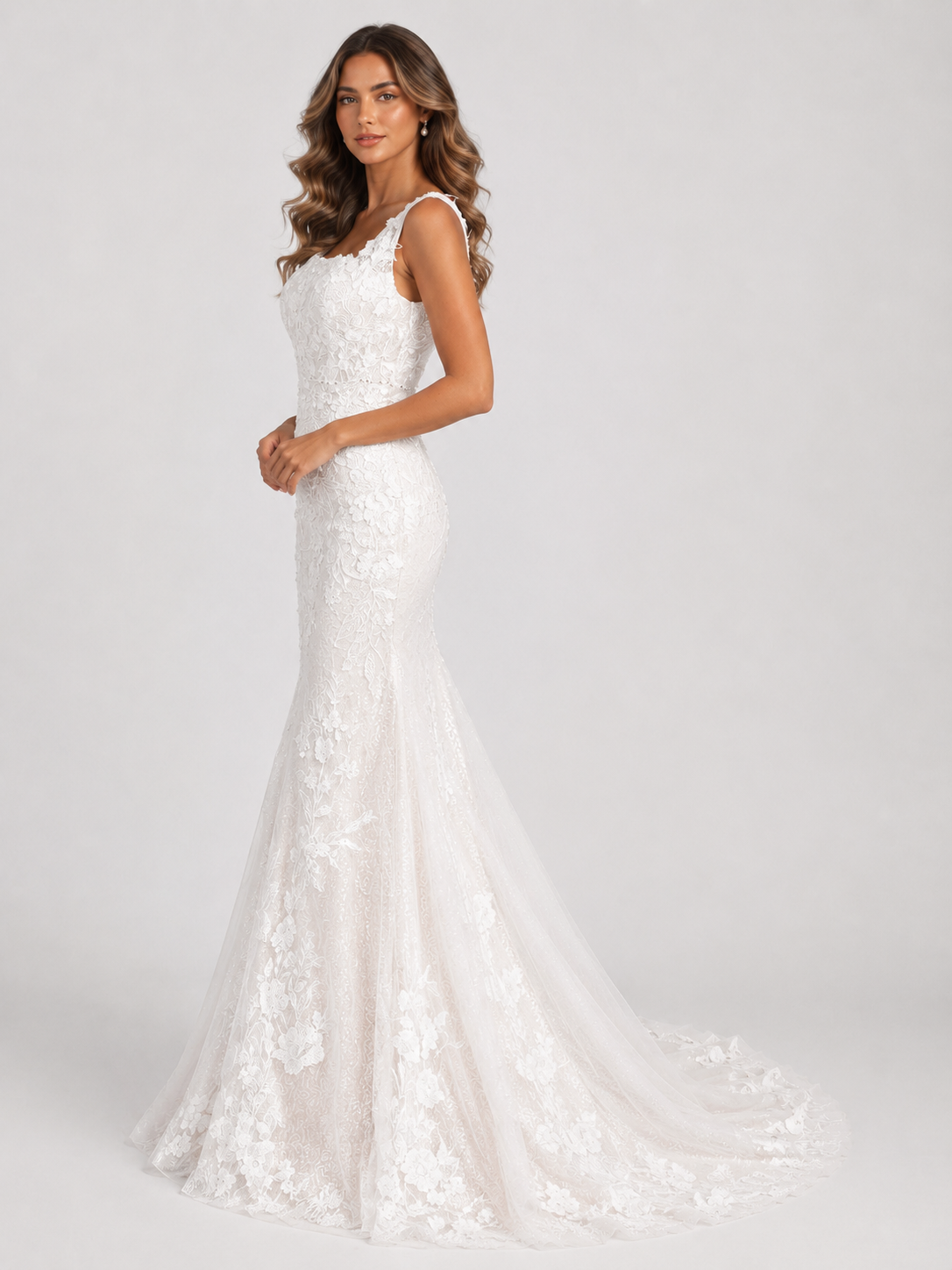 Elegant Square Neck Lace Sheath/Column Wedding Dress with Covered Buttons and Sweep Train