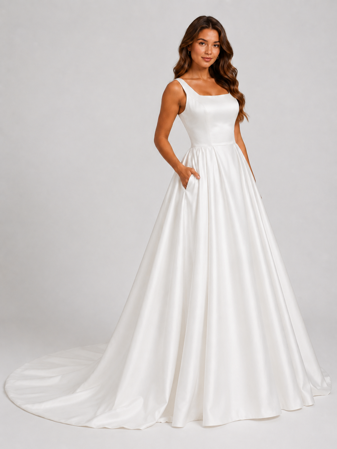 Elegant Square Neckline Satin A-Line Wedding Dress with Chapel Train