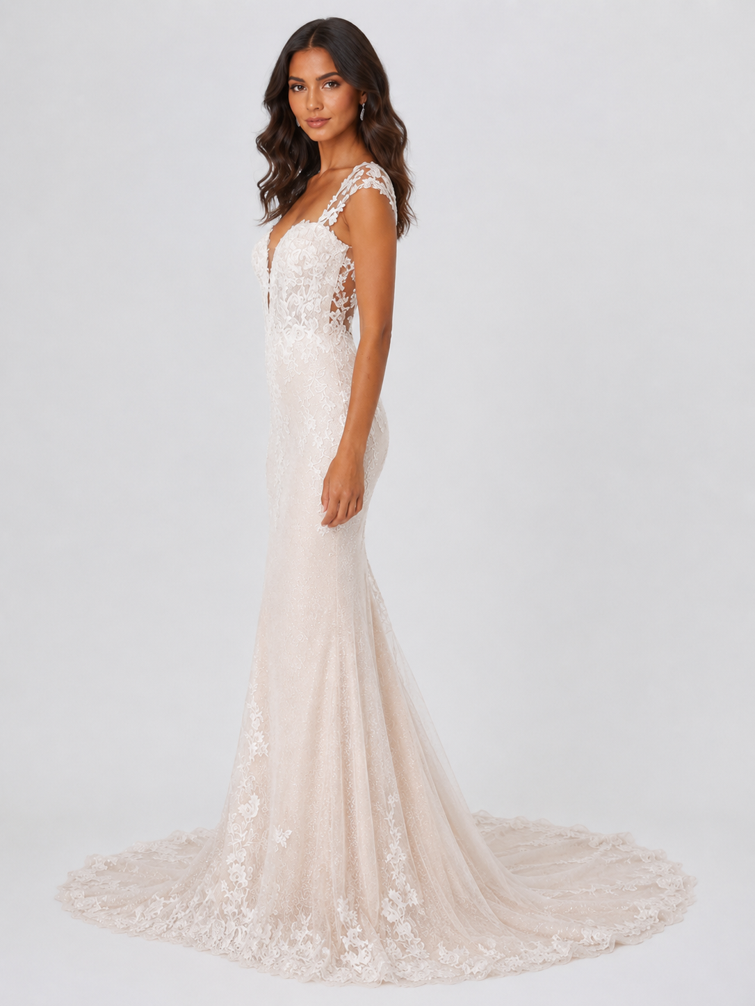Elegant Lace Applique Cap-Sleeve Mermaid Wedding Dress with Chapel Train