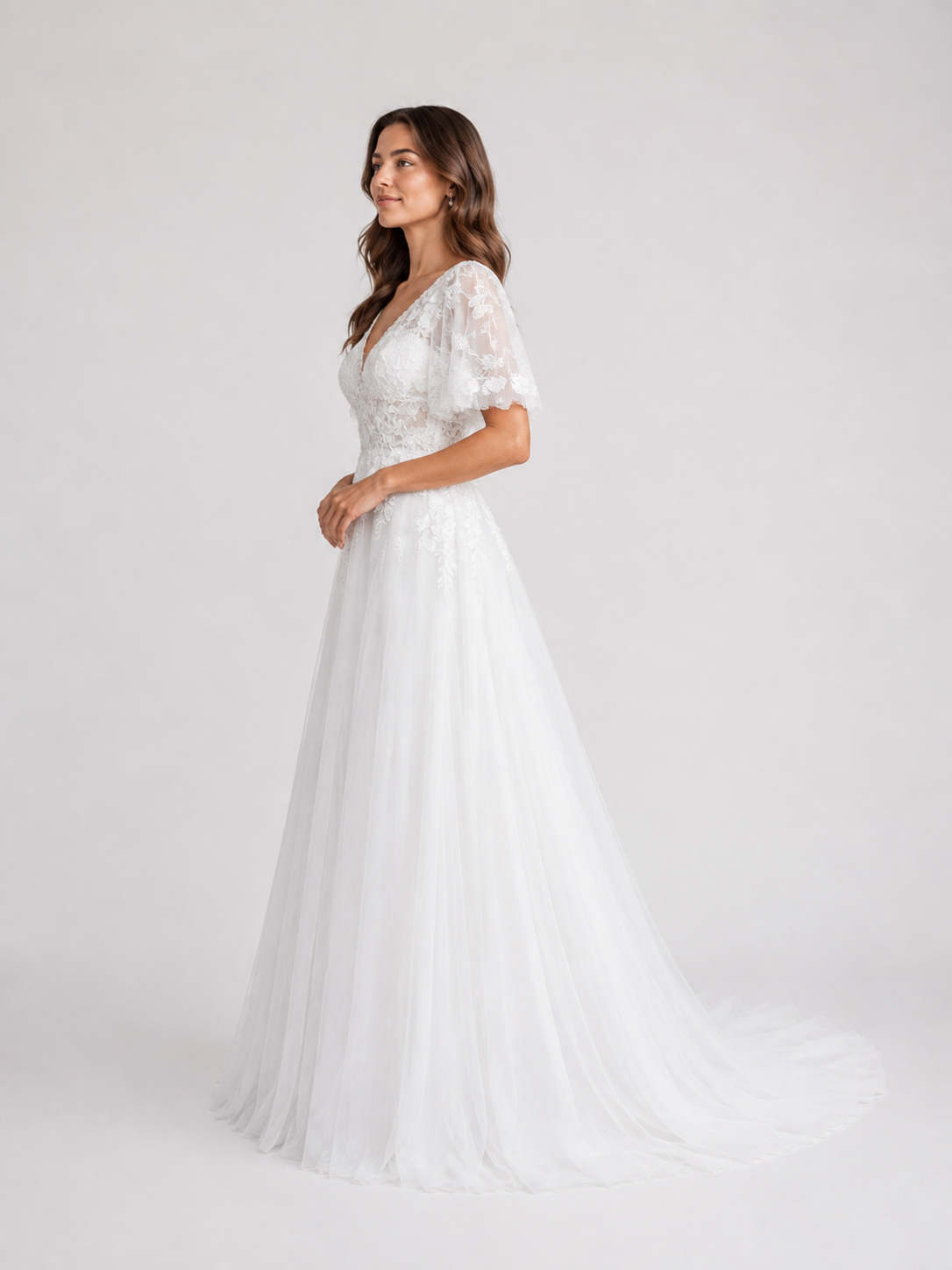 Elegant V-Neck Flutter Sleeve Lace Tulle A-Line Wedding Dress with Chapel Train