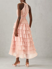 Pink Peplum Tiered Chiffon Halter Sleeveless A-Line Maxi Two-piece Dress