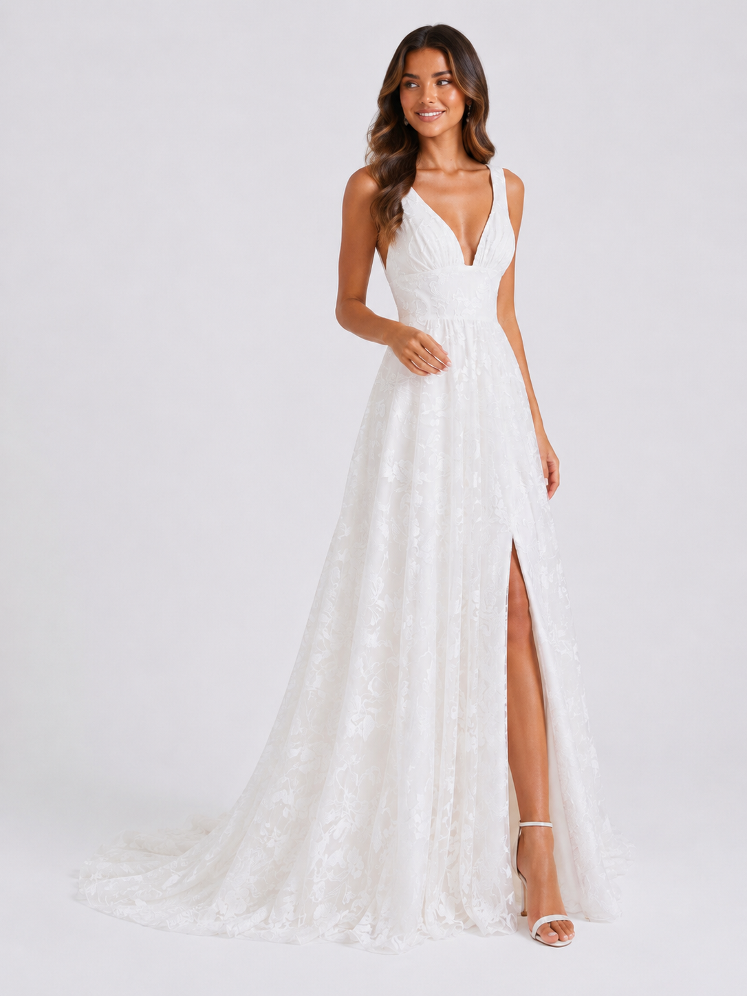 Elegant V-Neck Lace A-Line Wedding Dress with High Slit and Chapel Train