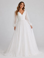 Elegant V-Neck Corset Tulle A-Line Wedding Dress with Long Bishop Sleeves and Chapel Train