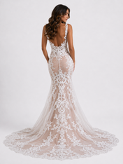 Elegant Illusion V-Neck Lace Appliqué Mermaid Wedding Dress with Chapel Train