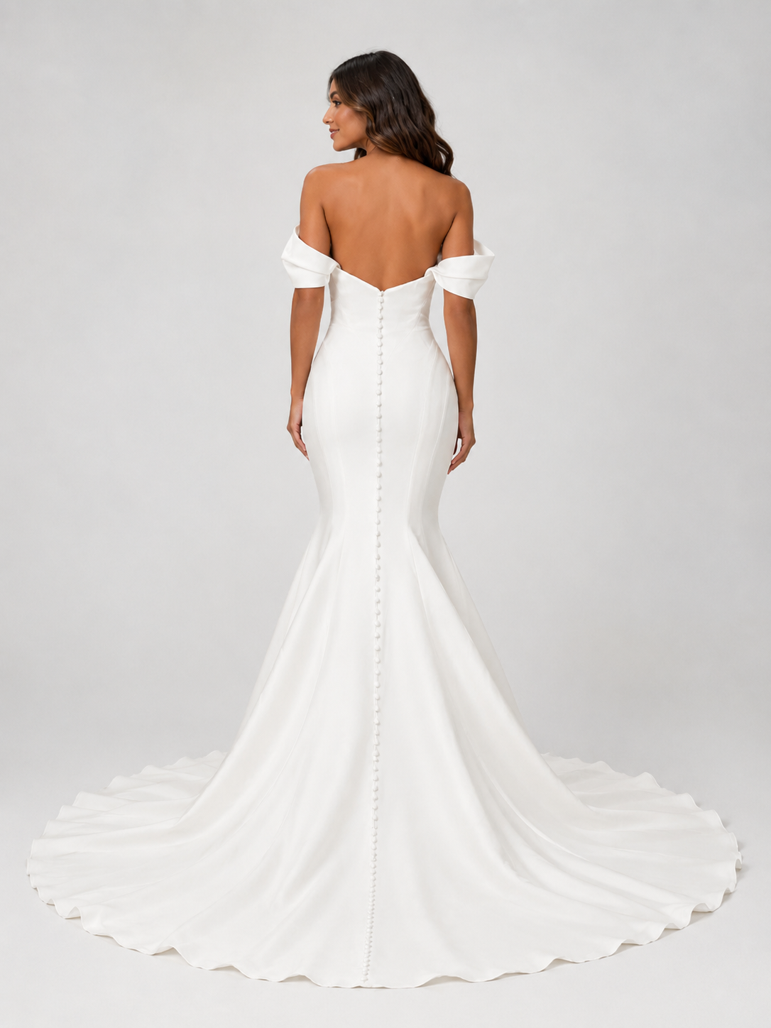 Elegant Off-the-Shoulder Draped Satin Mermaid Wedding Dress with Chapel Train