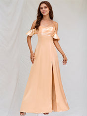 Coral Satin A Line Spaghetti Straps Sleeveless Floor Length Bridesmaid Dress With Ruffles