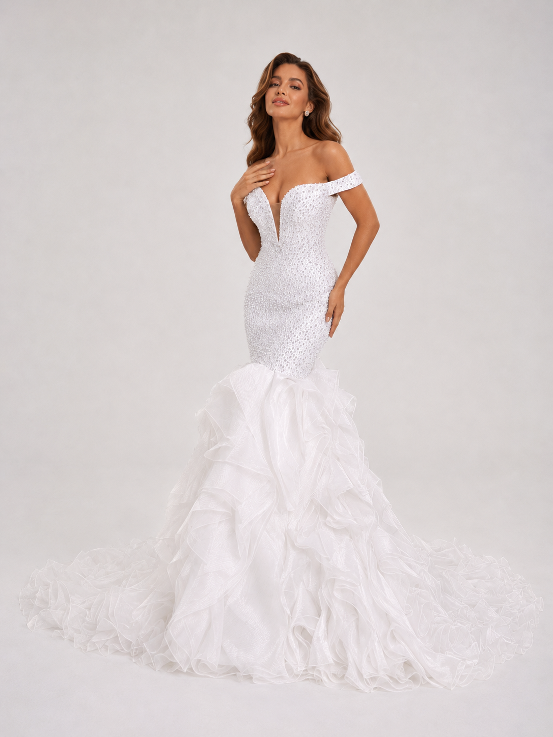 Elegant Off-the-Shoulder Beaded Mermaid Wedding Dress with Ruffled Train