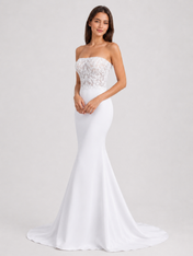 Elegant Strapless Lace Bodice Satin Mermaid Wedding Dress with Chapel Train