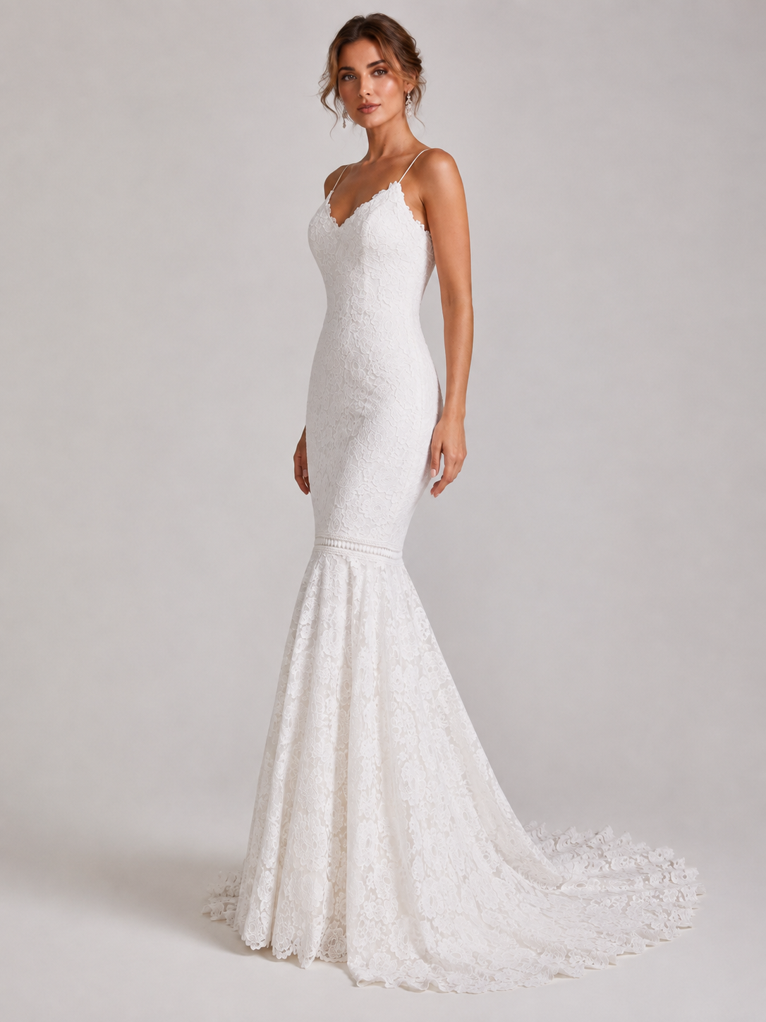 Elegant V-Neck Lace Mermaid Wedding Dress with Chapel Train