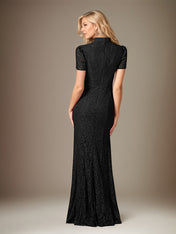 Black Chiffon Bow Tie Neckline Short Sleeves Floor Length Dress With Appliques