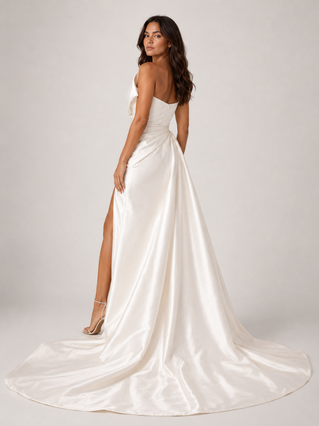 Elegant One-Shoulder Ruched Satin A-Line Wedding Dress with High Slit and Chapel Train