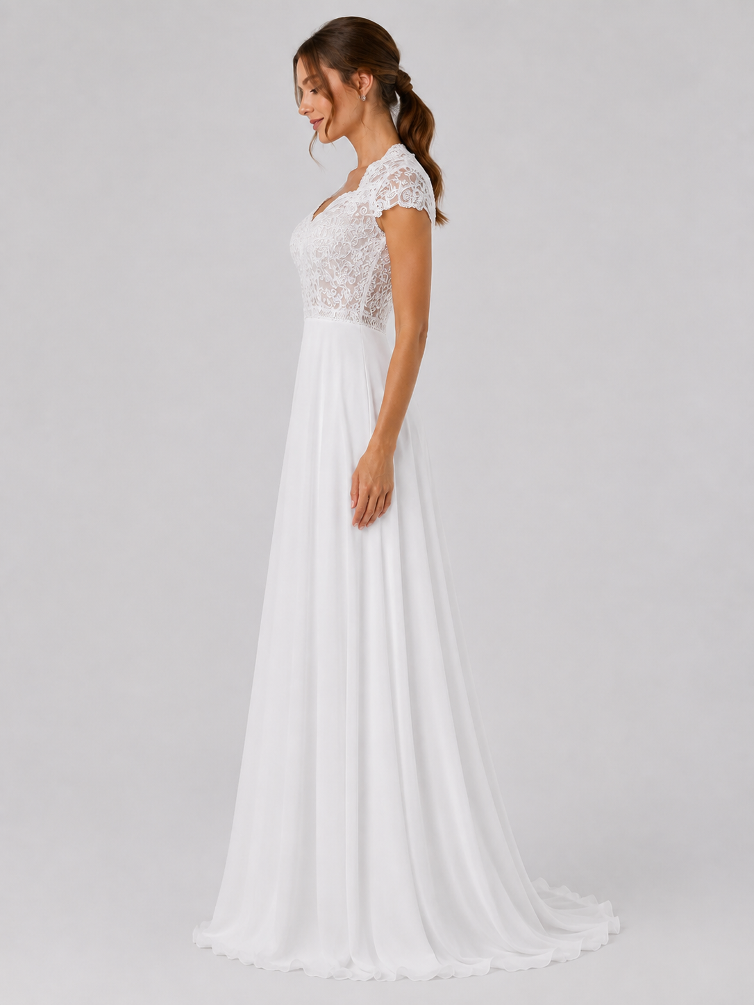 Elegant V-Neck Lace Bodice Chiffon A-Line Wedding Dress with Keyhole Back and Sweep Train