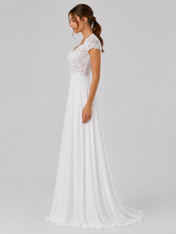 Elegant V-Neck Lace Bodice Chiffon A-Line Wedding Dress with Keyhole Back and Sweep Train