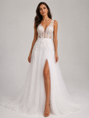Elegant Pleated Satin A-Line Wedding Dress with High Slit and Sweep Train