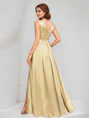 A Line Champagne Satin V Neck Sleeveless Floor Length Dress With High Slit