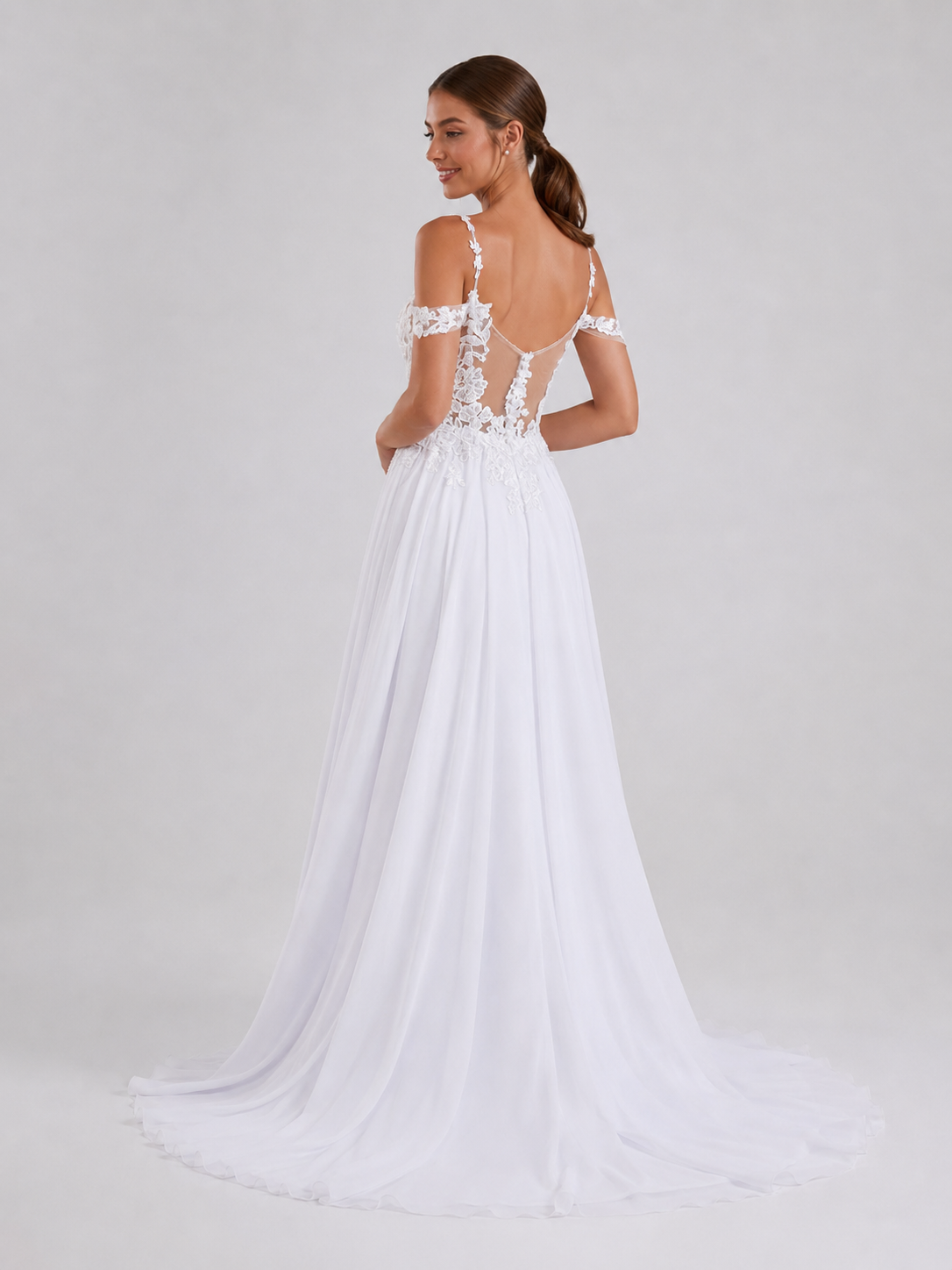 Elegant Off-the-Shoulder Lace Applique Chiffon A-Line Wedding Dress with High Slit and Chapel Train