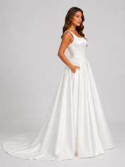 Elegant Square Neckline Satin A-Line Wedding Dress with Chapel Train