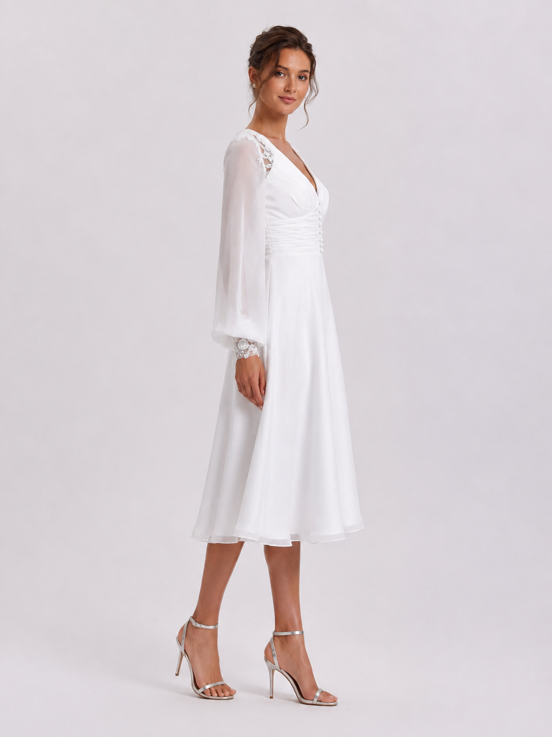 Elegant Long Bishop Sleeve V-Neck Chiffon A-Line Midi Wedding Dress