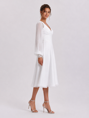 Elegant Long Bishop Sleeve V-Neck Chiffon A-Line Midi Wedding Dress